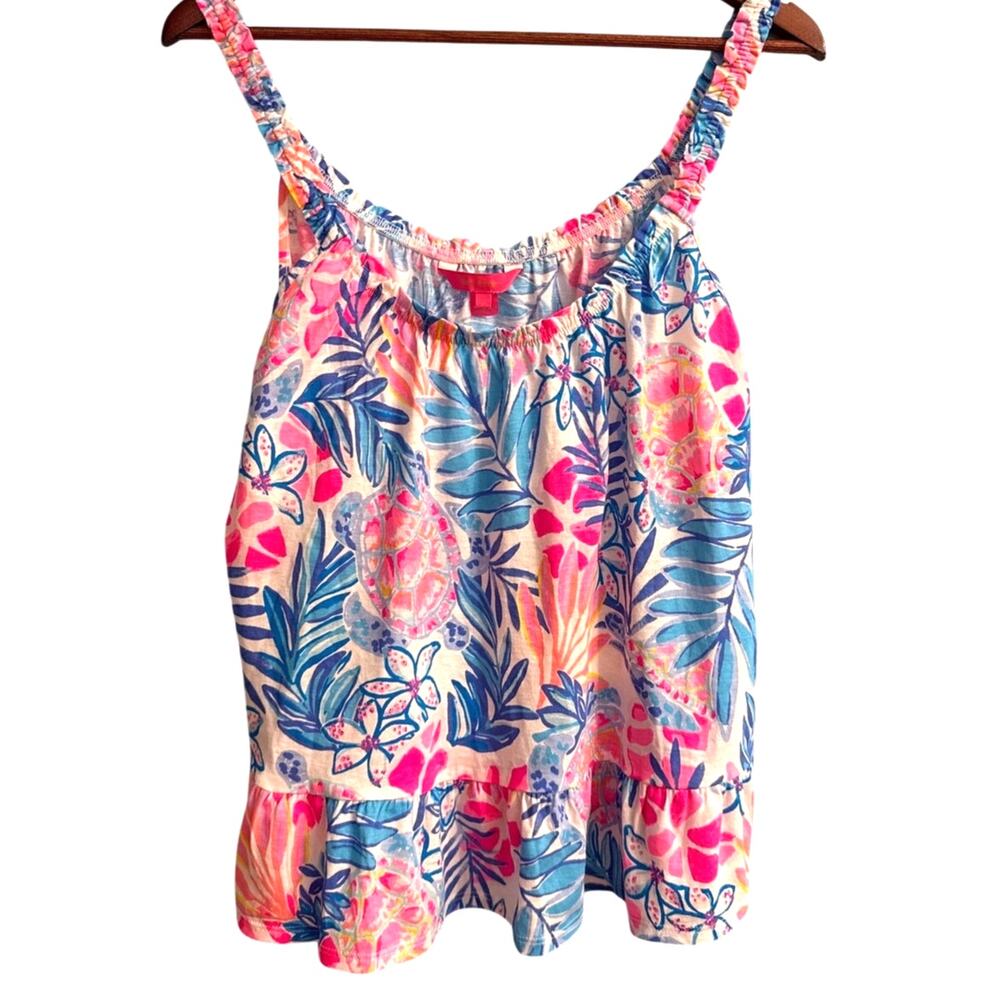 Lilly Pulitzer Floral Peplum Tank Top Pink Blue Sleeveless Women's Size L